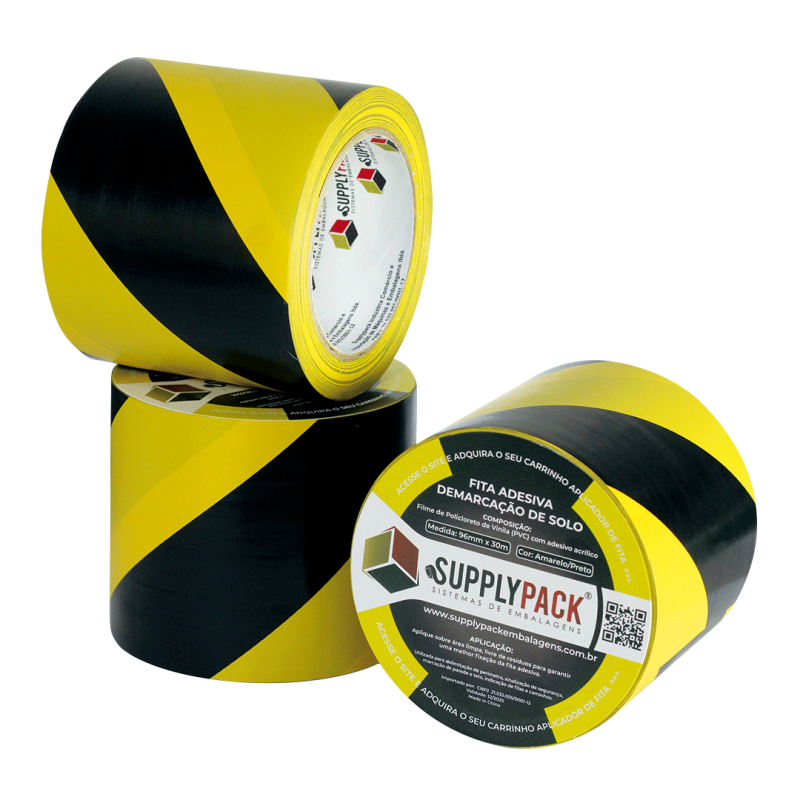 Fita Adesiva de Demarcação de Solo 96mm X 30m - Zebrada Amarelo/Preto Supplypack