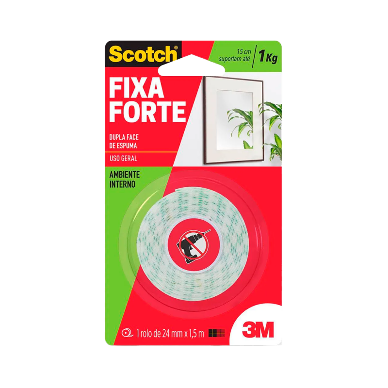 Fita adesiva dupla face espuma Fixa Forte 24mmx1,5m Scotch 3M BT 1 UN Supplypack